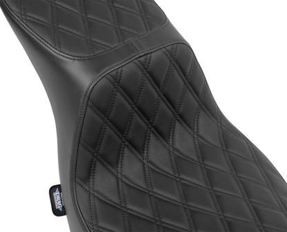 Drag Specialties Predator 2-up seat with vinyl cover for FLSB/FXLRS 2018-2024 motorcycle, shown from side angle.