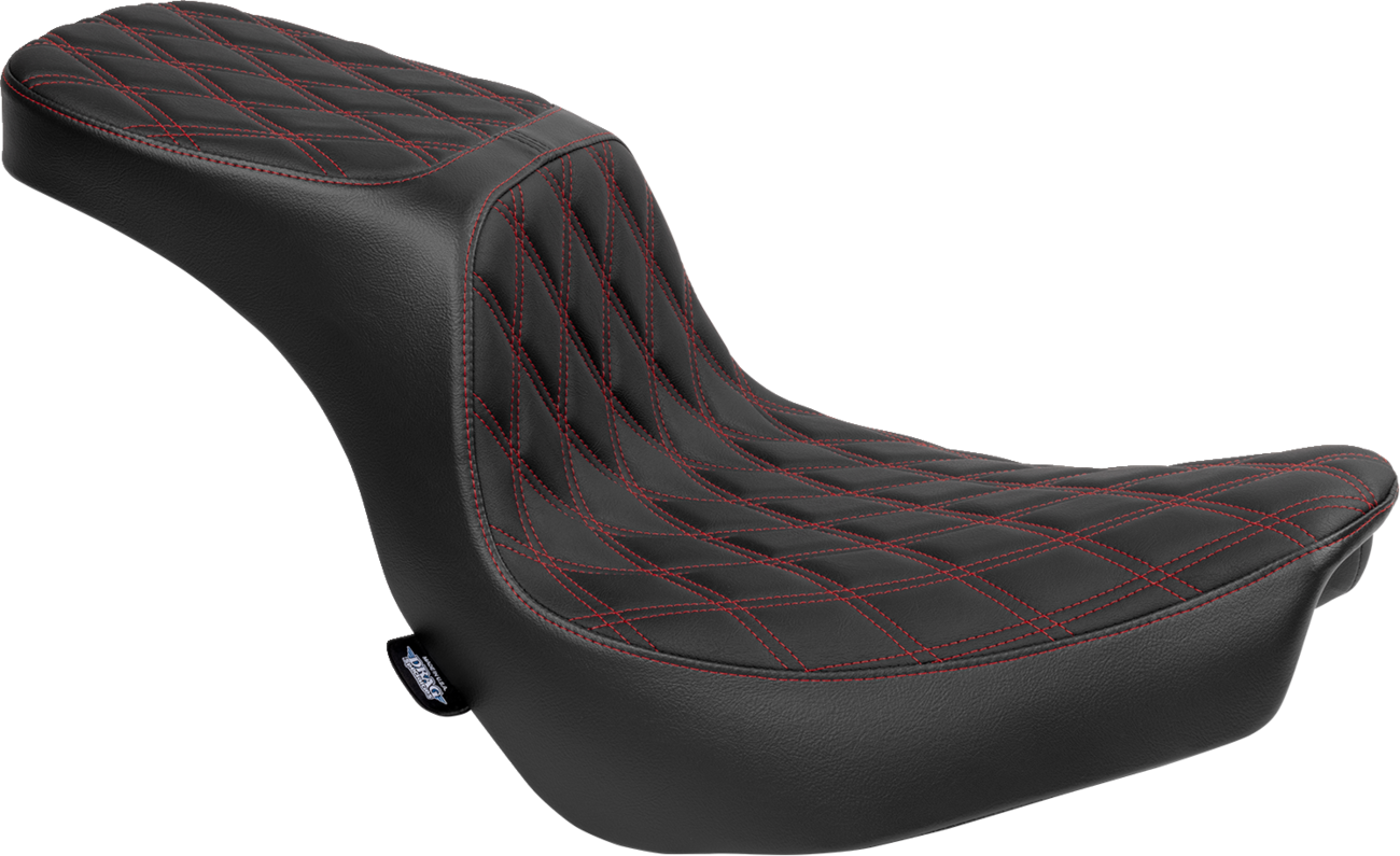 Drag Specialties Predator 2-up motorcycle seat with vinyl cover and red stitching for FLSB/FXLRS models 2018-2024.