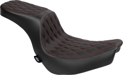 Drag Specialties Predator 2-up motorcycle seat with vinyl cover and red stitching for FLSB/FXLRS models 2018-2024.