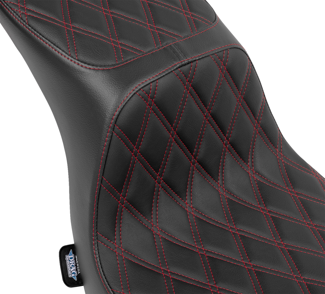 Drag Specialties Predator 2-up seat with vinyl cover and red stitching for FLSB/FXLRS Harley bikes 2018-2024, part #4688D.
