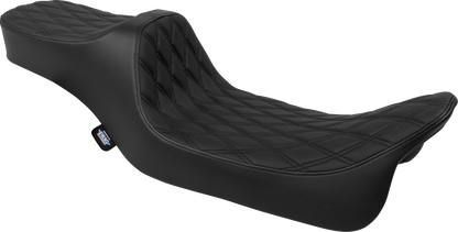 Drag Specialties Predator III extended reach seat for FLH/FLT motorcycles, black leather with detailed stitching.