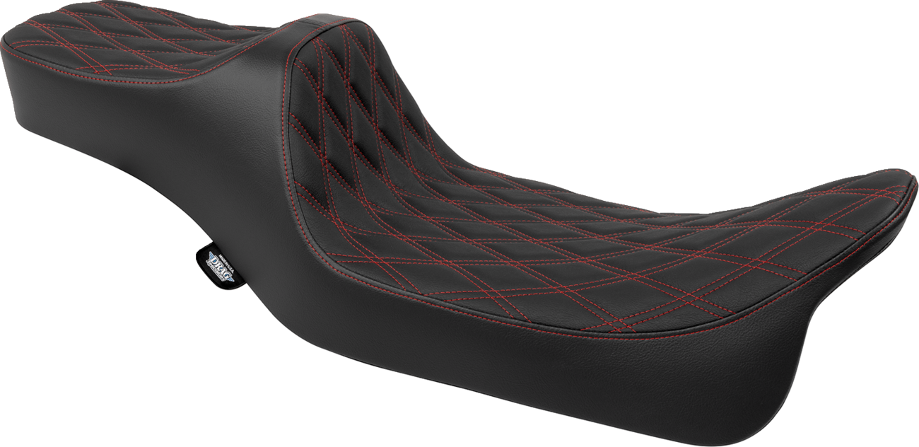 Drag Specialties Predator III extended reach seat with double diamond pattern and red stitching for Harley FLH/FLT models 2008-2024.