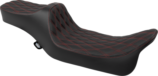 Drag Specialties Predator III extended reach seat with double diamond pattern and red stitching for Harley FLH/FLT models 2008-2024.