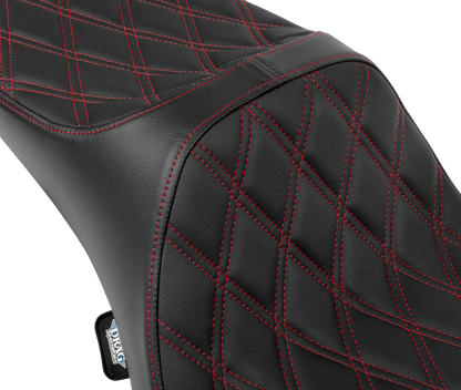 Drag Specialties Predator III extended reach motorcycle seat with double diamond pattern and red stitching for Harley FLH/FLT 2008-2024