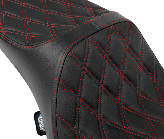 Drag Specialties Predator III extended reach motorcycle seat with double diamond pattern and red stitching for Harley FLH/FLT 2008-2024