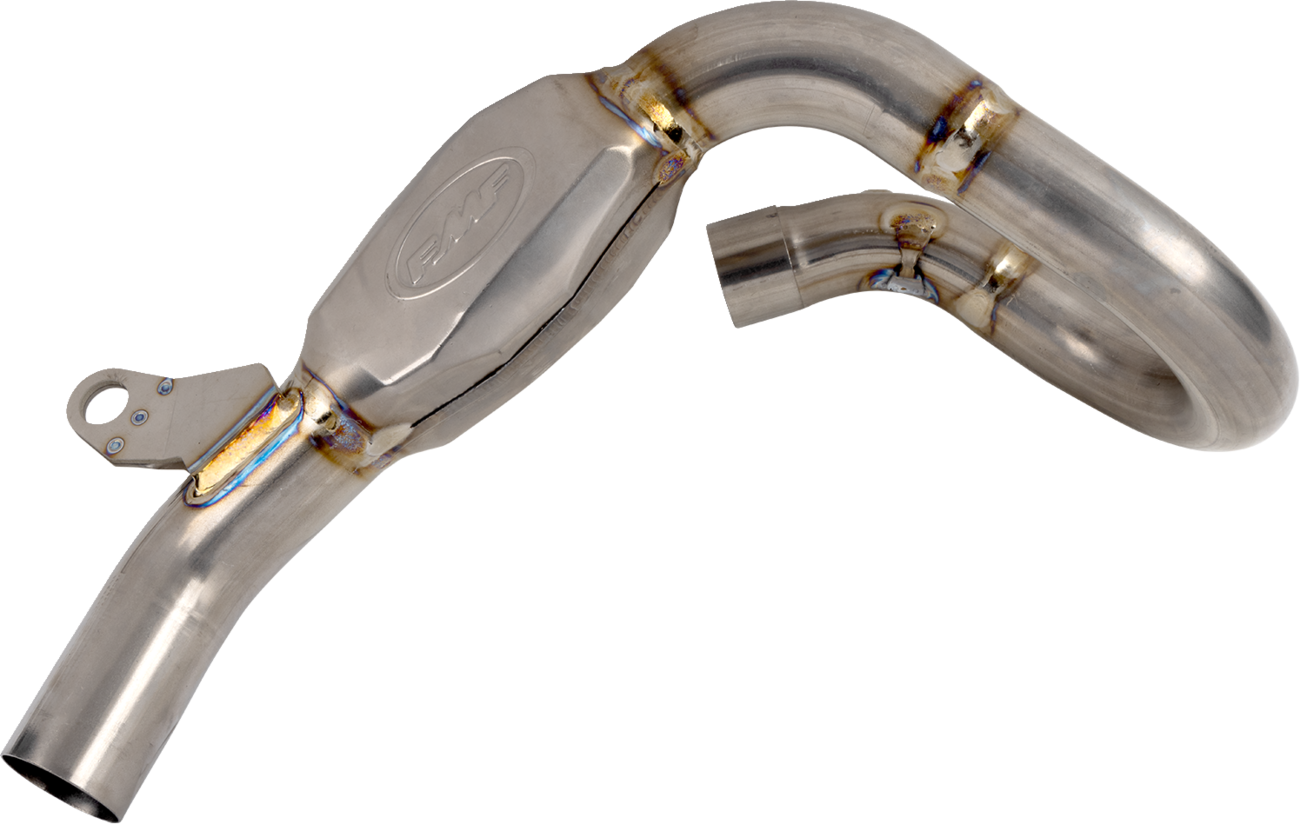FMF Megabomb titanium header pipe for improved motorcycle performance, showcasing the sleek titanium finish and mounting details.