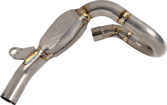 FMF Megabomb titanium header pipe for improved motorcycle performance, showcasing the sleek titanium finish and mounting details.