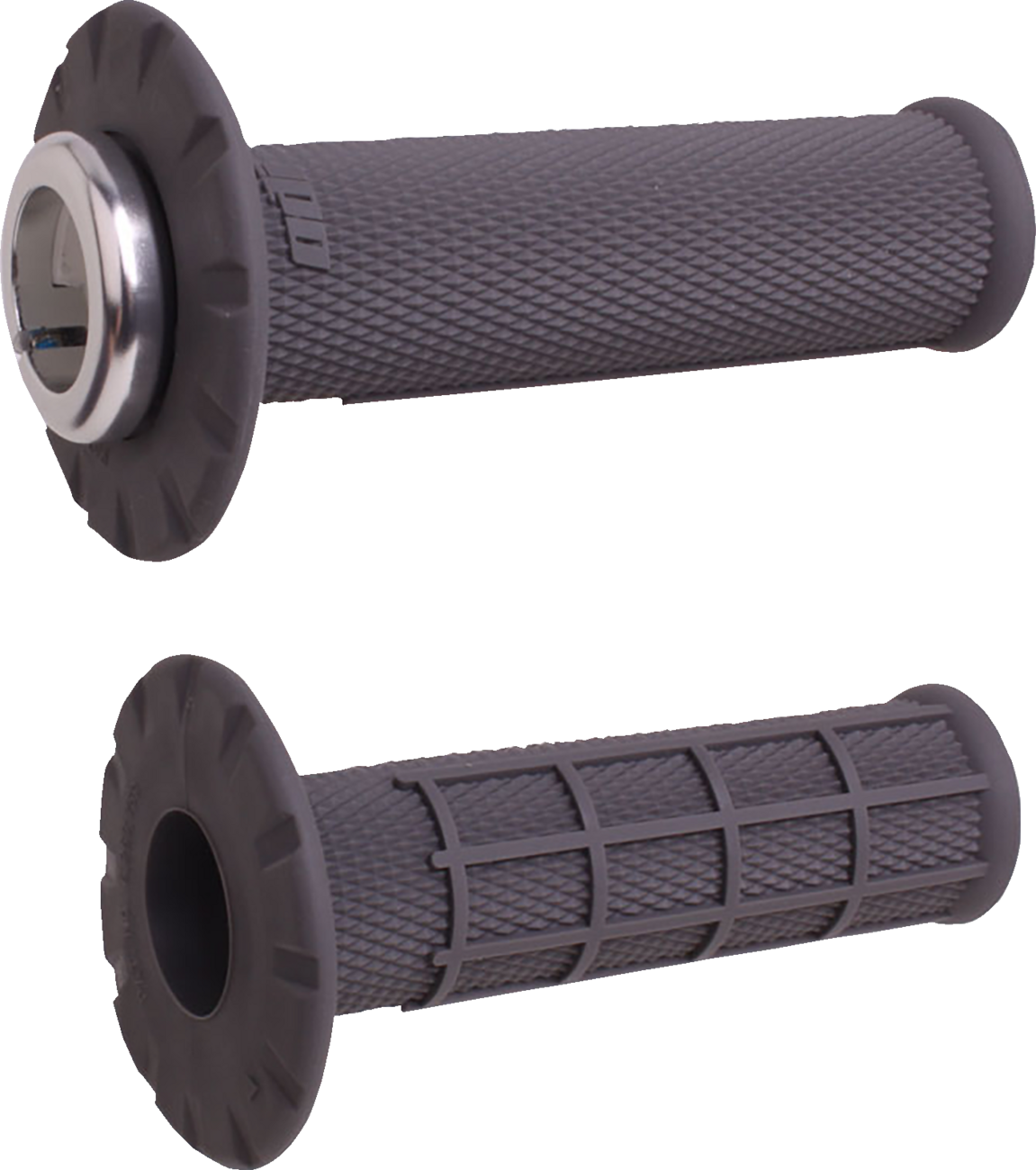 ODI Universal Lock-On Half Waffle grips in graphite and silver with locking rings for mountain bike or BMX handlebars.