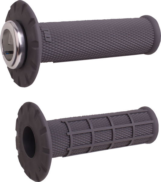 ODI Universal Lock-On Half Waffle grips in graphite and silver with locking rings, designed for BMX and mountain bikes.