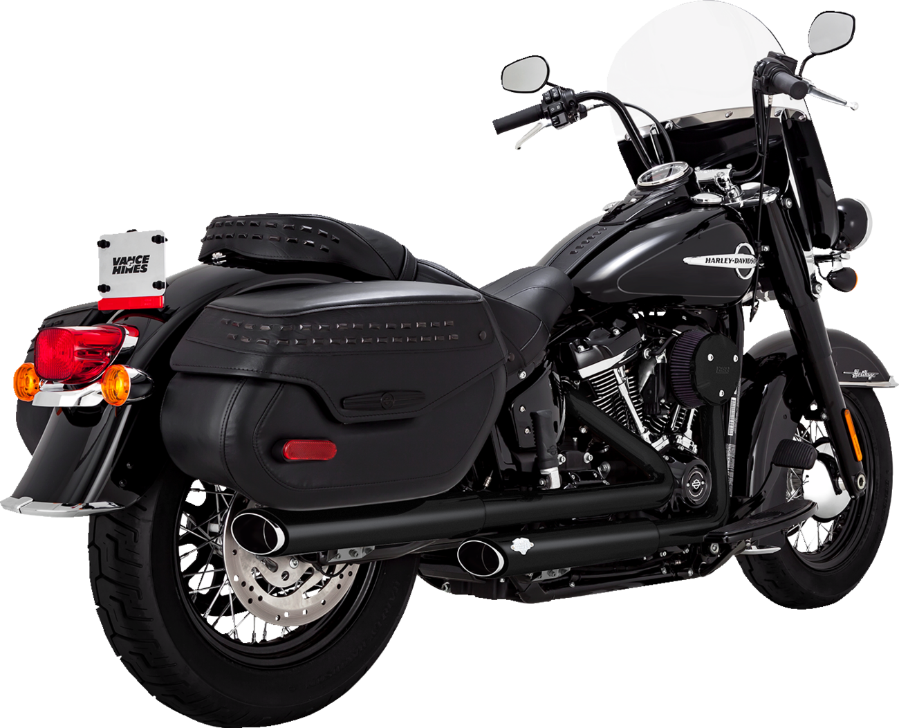 Vance & Hines Twin Slash Slip-On Mufflers with PCX™ Technology in black, paired on a motorcycle exhaust system.
