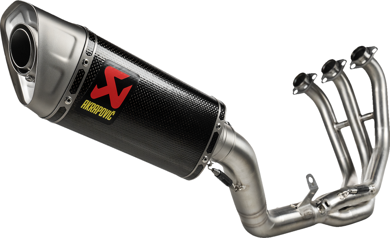AKRAPOVIC Racing Line exhaust system for Yamaha MT-09 with carbon fiber tip and titanium construction, shown on a motorcycle.