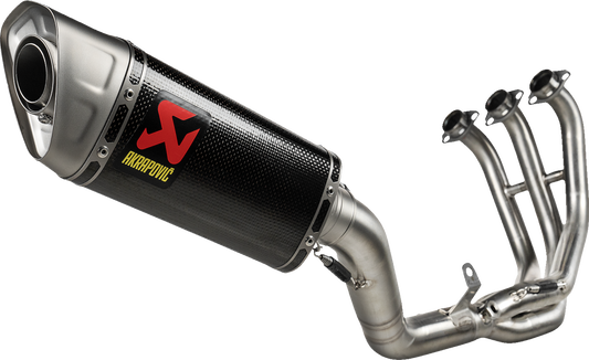 AKRAPOVIC Racing Line exhaust system for Yamaha MT-09 with carbon fiber tip and titanium construction, shown on a motorcycle.