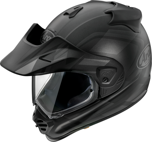 Black Frost ARAI XD-5 Discovery motorcycle helmet in small size, with sleek design and secure chin strap, front view.