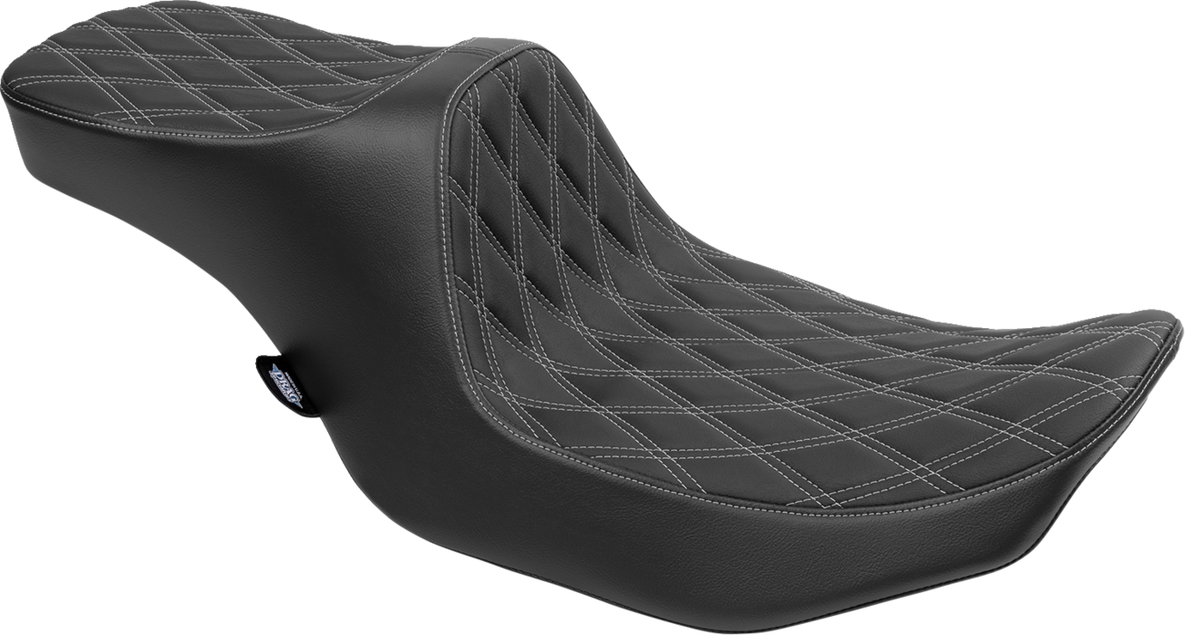 Drag Specialties Predator III 2-up seat for FLT/FLH 2023-2024, vinyl with silver stitching and double diamond design.