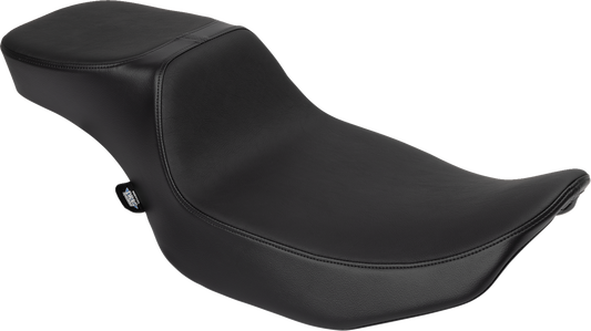 Drag Specialties Predator 2-up seat with extended reach for FLHX/FLTR motorcycles, featuring a black padded design and ergonomic shape.