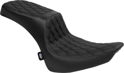 Black vinyl Drag Specialties Performance Predator 2-up seat with double diamond stitching for Harley FL 2000-2017.