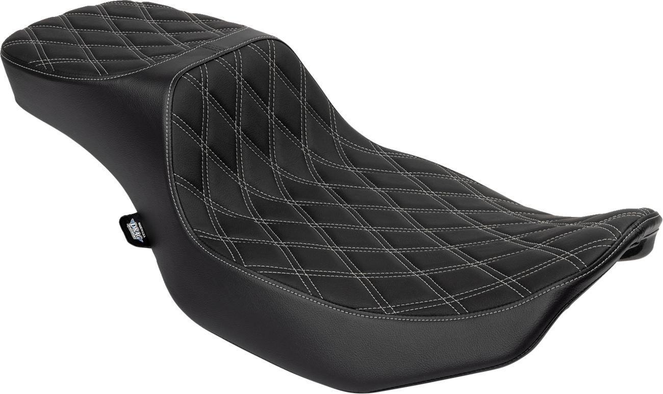 Drag Specialties Performance Predator 2-up motorcycle seat with silver double diamond stitching and extended reach design.
