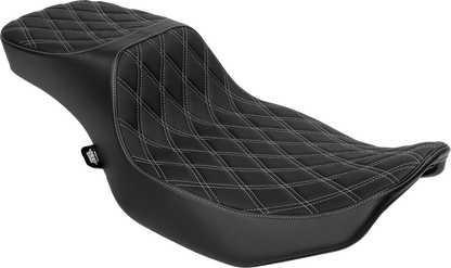 Drag Specialties Performance Predator 2-up motorcycle seat with silver double diamond stitching and extended reach design.