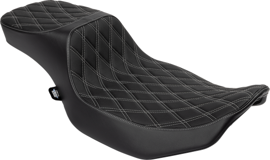 Drag Specialties Performance Predator 2-up motorcycle seat with silver double diamond stitching and extended reach design.