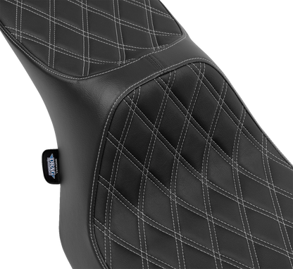 Drag Specialties Predator III 2-up seat for FLT/FLH 2023-2024, vinyl with silver stitching and double diamond design.