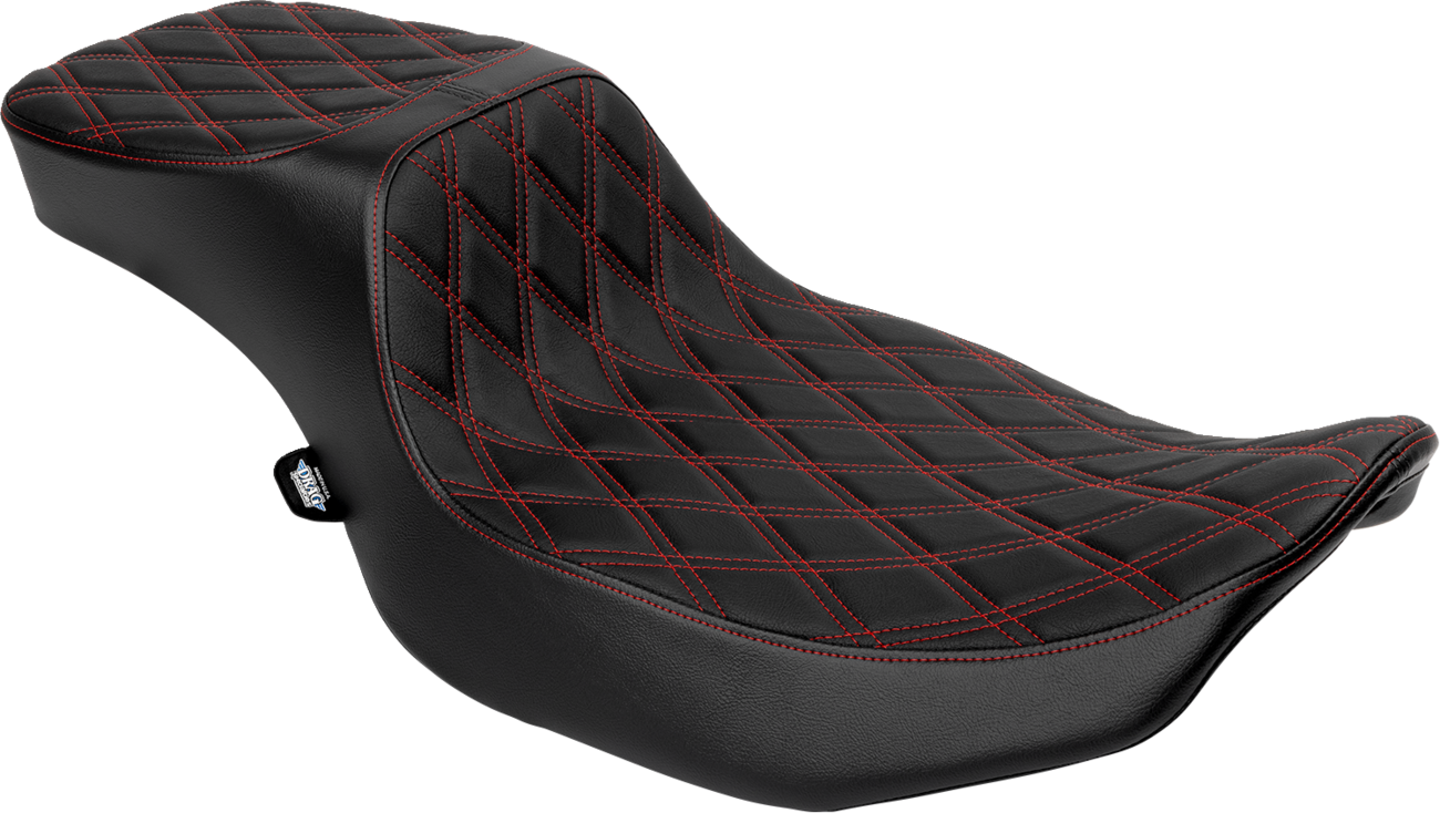 Performance Predator 2-up seat by Drag Specialties with red vinyl and double diamond stitching, designed for extended reach.