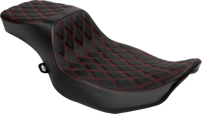 Performance Predator 2-up seat by Drag Specialties with red vinyl and double diamond stitching, designed for extended reach.