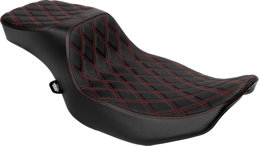 Performance Predator 2-up seat by Drag Specialties with red vinyl and double diamond stitching, designed for extended reach.