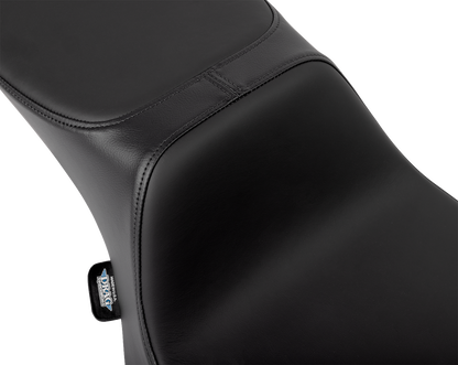 Drag Specialties Performance Predator 2-up seat in solar leather for FLHX and FLTR motorcycles, extended reach, stylish and comfortable.