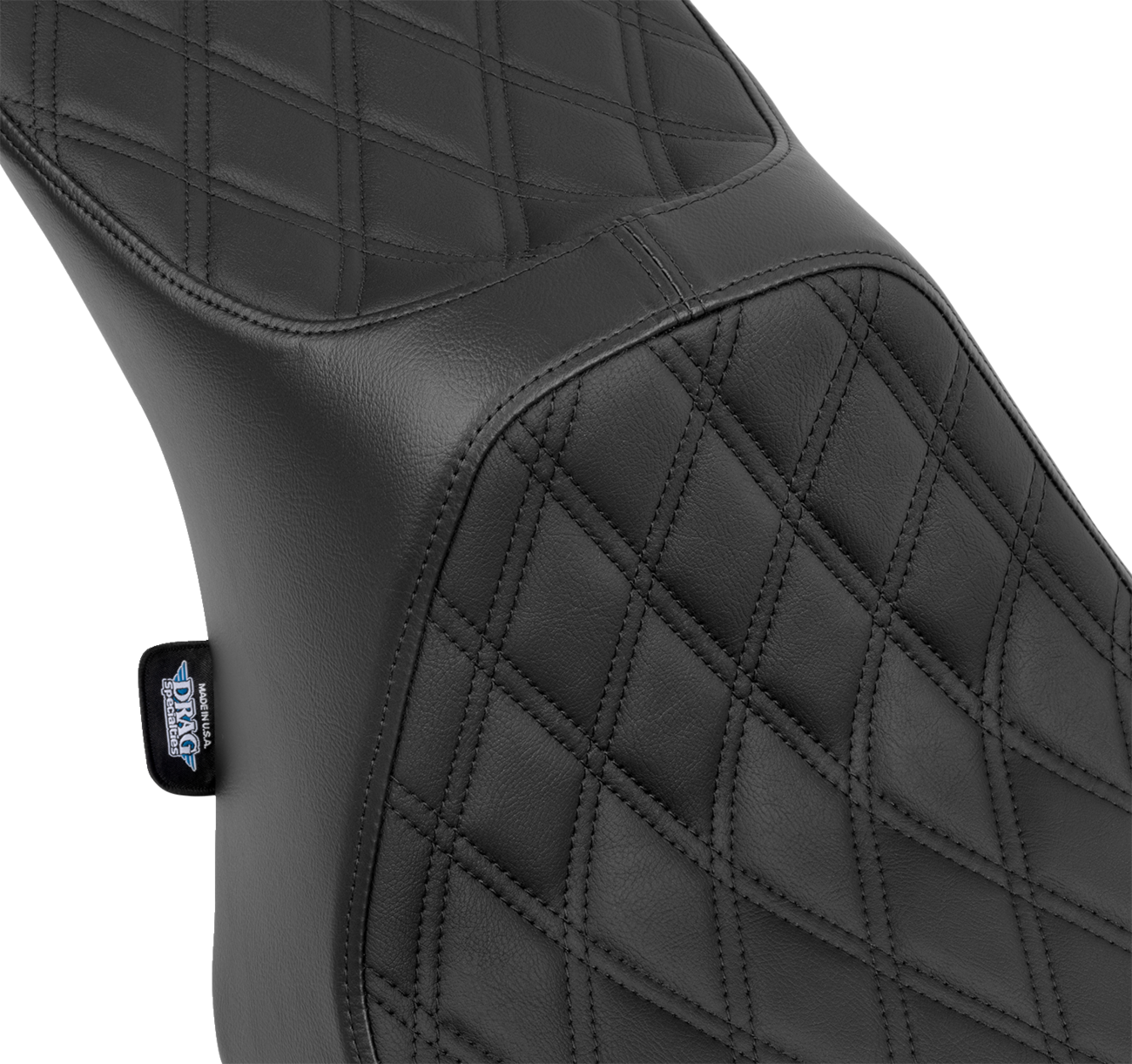 Black vinyl Predator III 2-up seat for FLT/FLH motorcycles with double diamond stitching by Drag Specialties Seats.
