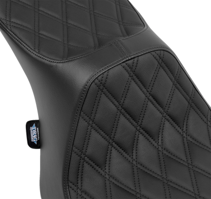 Black vinyl Predator III 2-up seat for FLT/FLH motorcycles with double diamond stitching by Drag Specialties Seats.