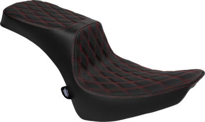 Performance Predator 2-up seat for Harley FL models, vinyl with double diamond pattern and red thread by Drag Specialties Seats
