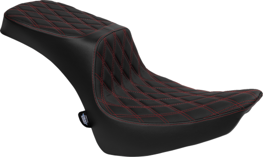 Performance Predator 2-up seat for Harley FL models, vinyl with double diamond pattern and red thread by Drag Specialties Seats
