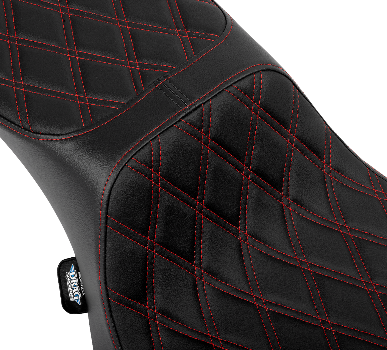 Performance Predator 2-up motorcycle seat by Drag Specialties in red vinyl with double diamond stitching and extended reach design.