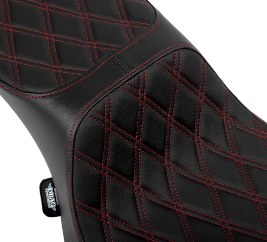Performance Predator 2-up motorcycle seat by Drag Specialties in red vinyl with double diamond stitching and extended reach design.