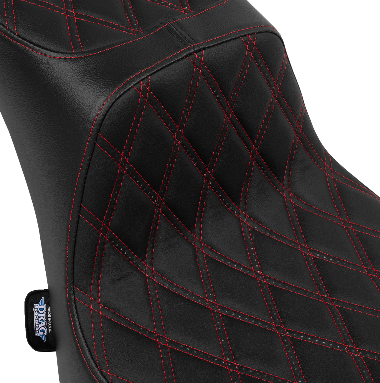 Performance Predator 2-up motorcycle seat by Drag Specialties with red thread and double diamond vinyl for FL models 2000-2017.