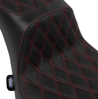Performance Predator 2-up motorcycle seat by Drag Specialties with red thread and double diamond vinyl for FL models 2000-2017.