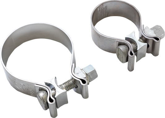VANCE & HINES slip-on muffler clamps M8 for touring exhausts, made of corrosion-resistant stainless steel, shown on motorcycle exhausts.