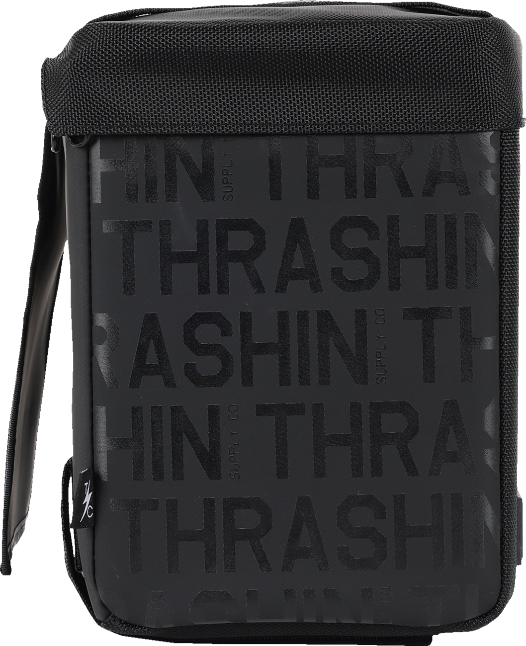 Motorcycle with black leather Thrashin Supply Co. essential saddlebags, 10-liter capacity, mounted on the sides of the bike.