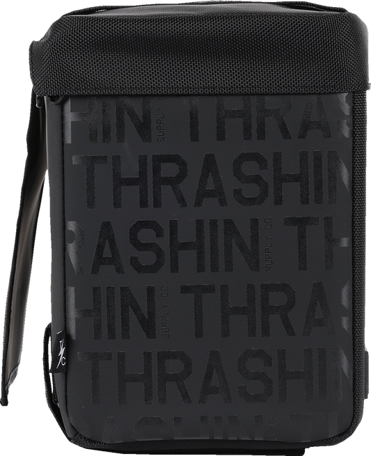 Motorcycle with black leather Thrashin Supply Co. essential saddlebags, 10-liter capacity, mounted on the sides of the bike.