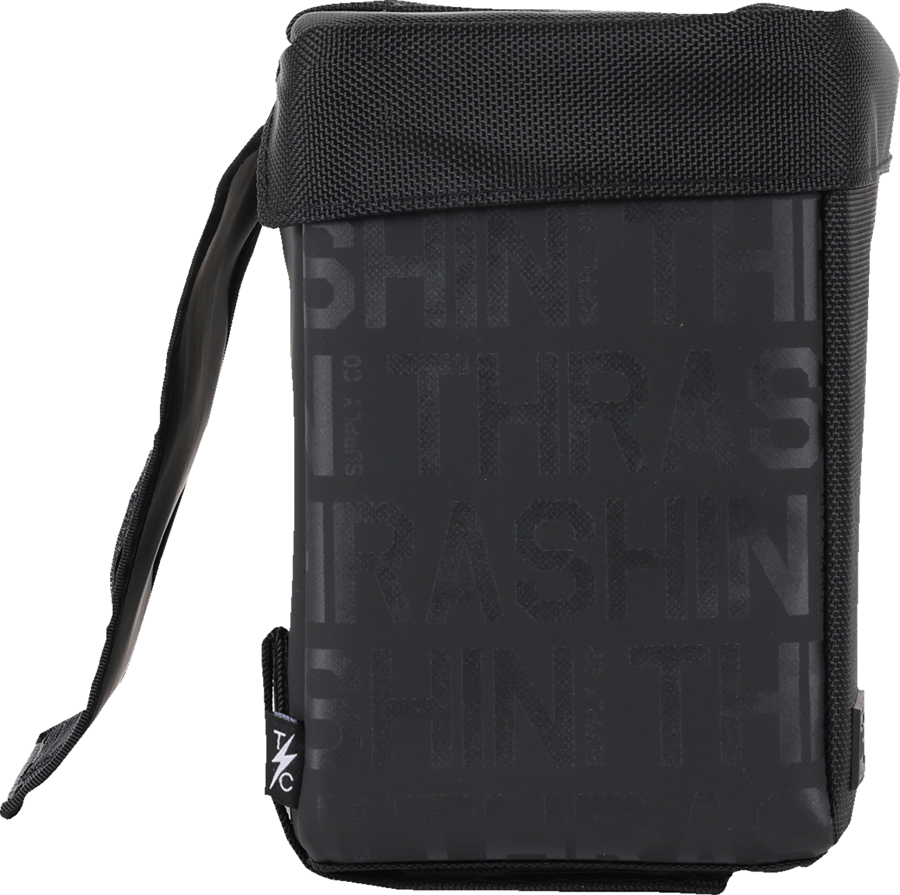 THRASHIN SUPPLY CO. Escape Base Saddlebags, 18L waterproof motorcycle storage, black leather with metal buckles, mounted on motorcycle.