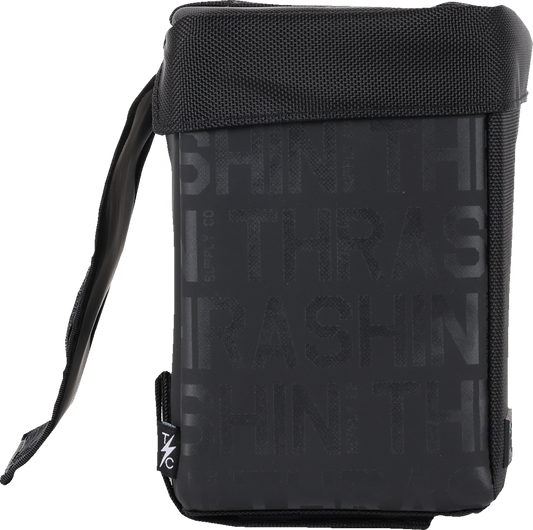 THRASHIN SUPPLY CO. Escape Base Saddlebags, 18L waterproof motorcycle storage, black leather with metal buckles, mounted on motorcycle.