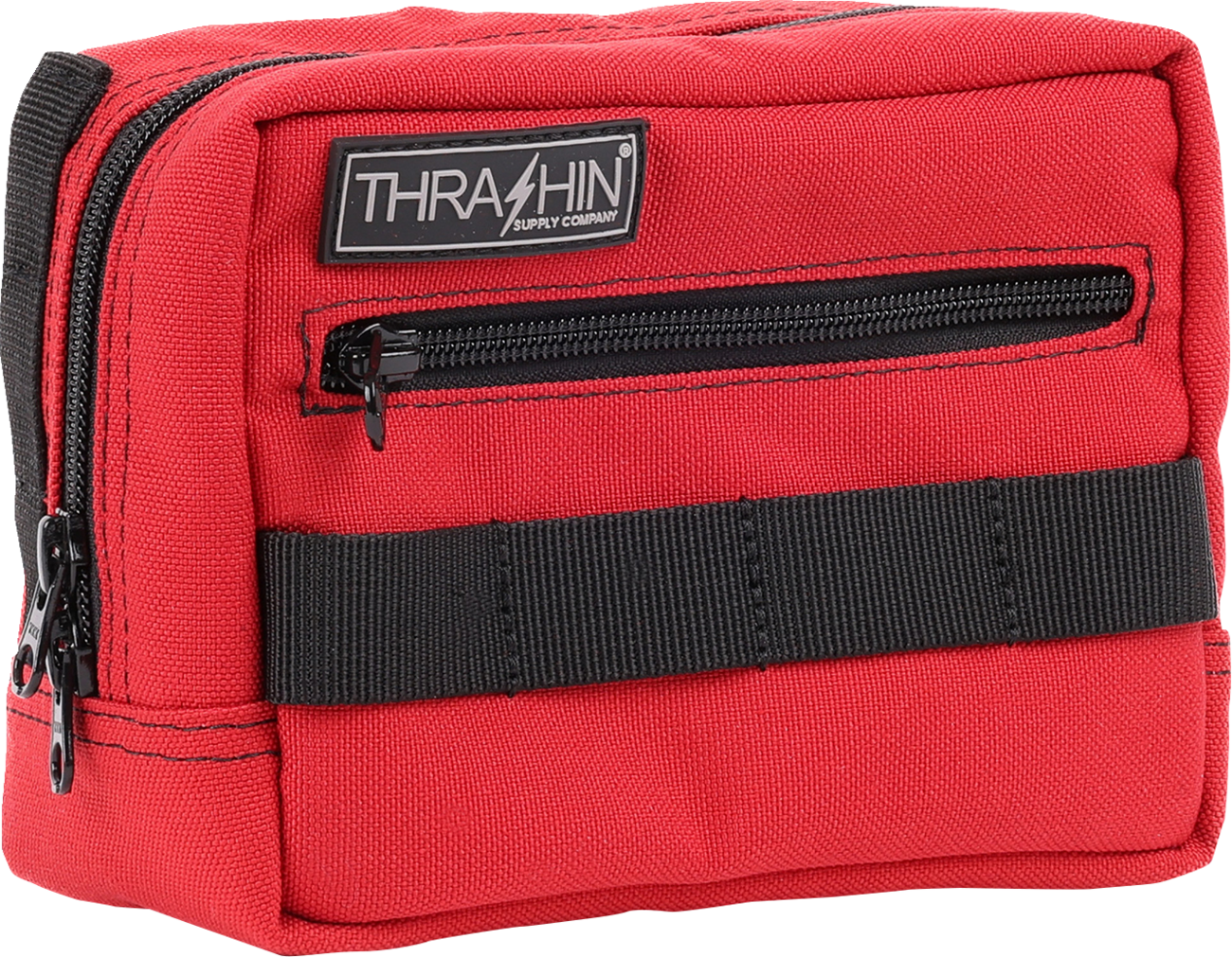 Red THRASHIN SUPPLY CO. handlebar bag with adjustable straps and zip closure, mounted on a bicycle handlebar.