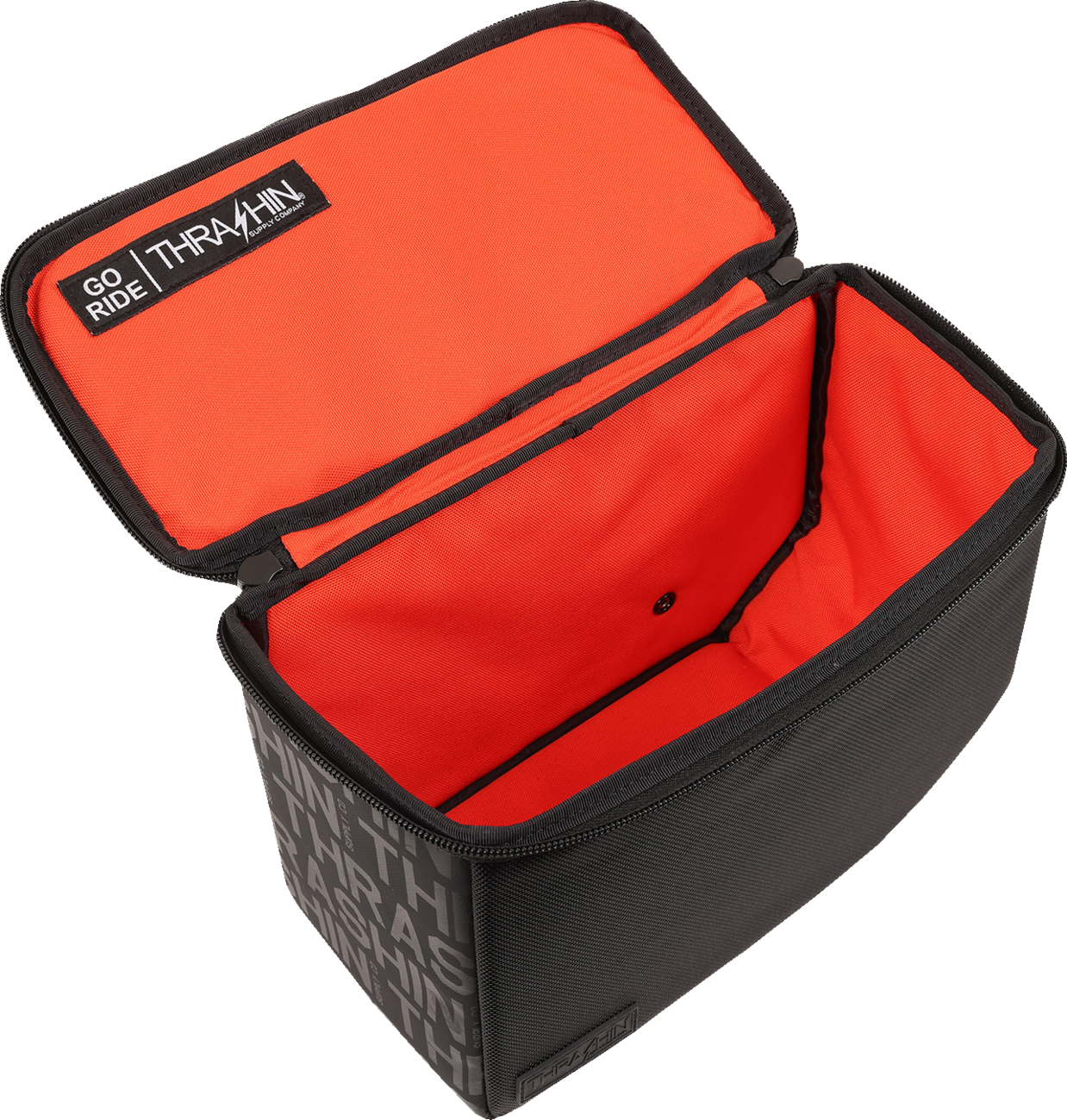 THRASHIN SUPPLY CO. Escape Base Saddlebags TSB-0021 on a motorcycle, waterproof 18-liter storage for secure travel.