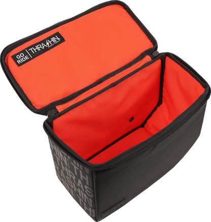 THRASHIN SUPPLY CO. Escape Base Saddlebags TSB-0021 on a motorcycle, waterproof 18-liter storage for secure travel.