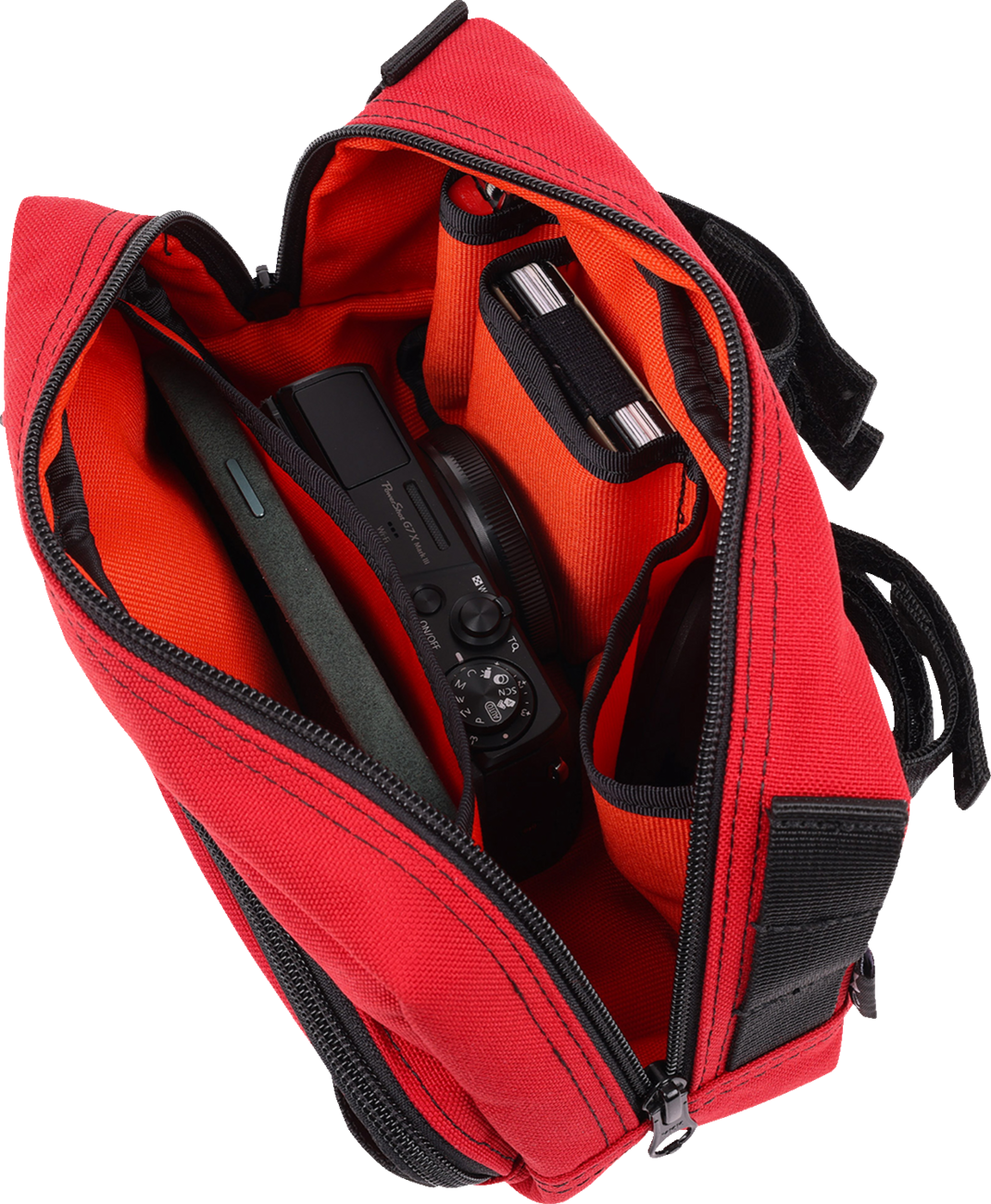 Red handlebar bag by THRASHIN SUPPLY CO. with adjustable straps and zippered compartments for bike storage.