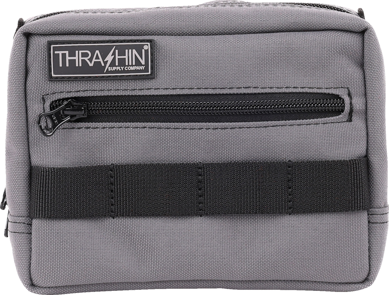 Gray handlebar bag by THRASHIN SUPPLY CO. with adjustable straps and compact design, mounted on bicycle handlebars.
