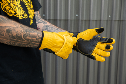 BILTWELL Borrego Gloves in gold and black, small size, featuring leather construction and detailed stitching.