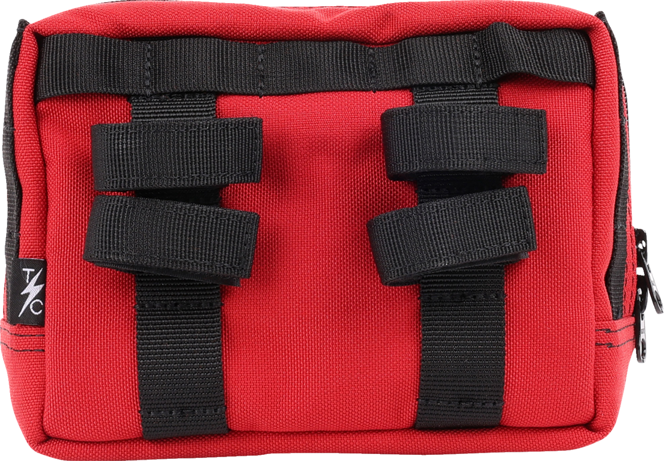 Red THRASHIN SUPPLY CO. handlebar bag with durable straps and compact design, perfect for cycling storage.