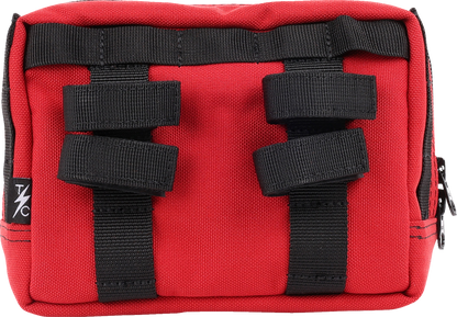 Red THRASHIN SUPPLY CO. handlebar bag with durable straps and compact design, perfect for cycling storage.