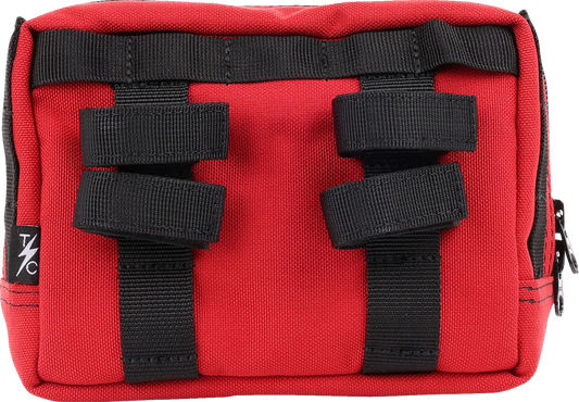 Red THRASHIN SUPPLY CO. handlebar bag with durable straps and compact design, perfect for cycling storage.